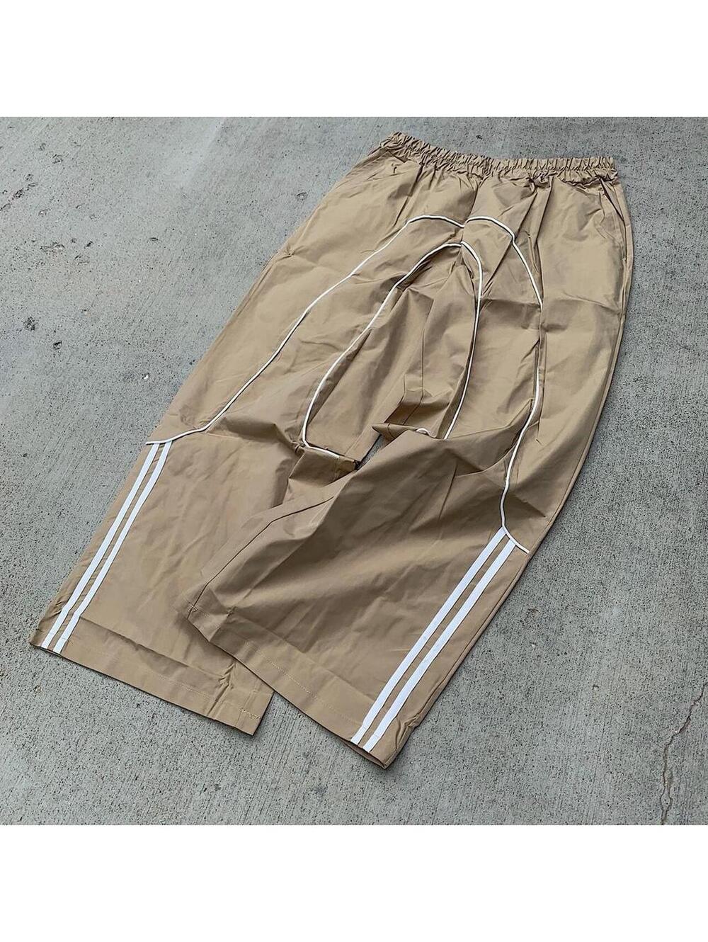 Streetwear super Baggy Y2K vintage style khaki track pants with white stripes - Picture 3 of 8